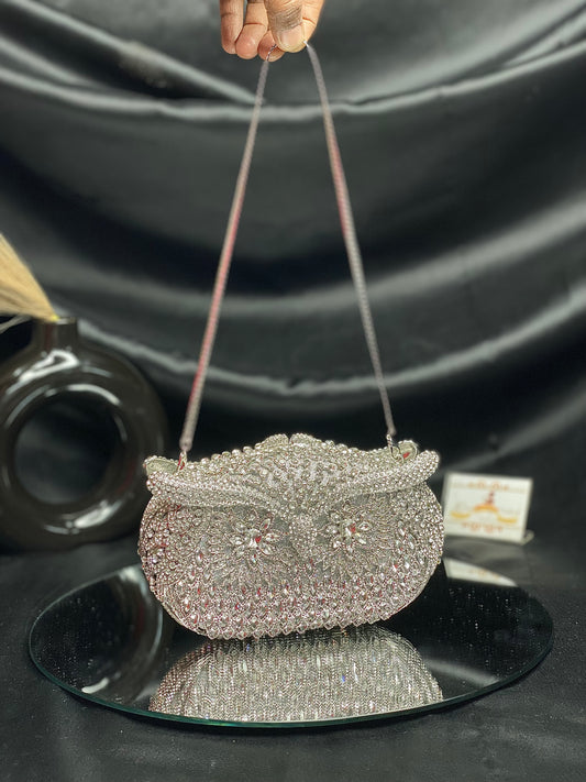 Silver Owl Face Crystal Clutch