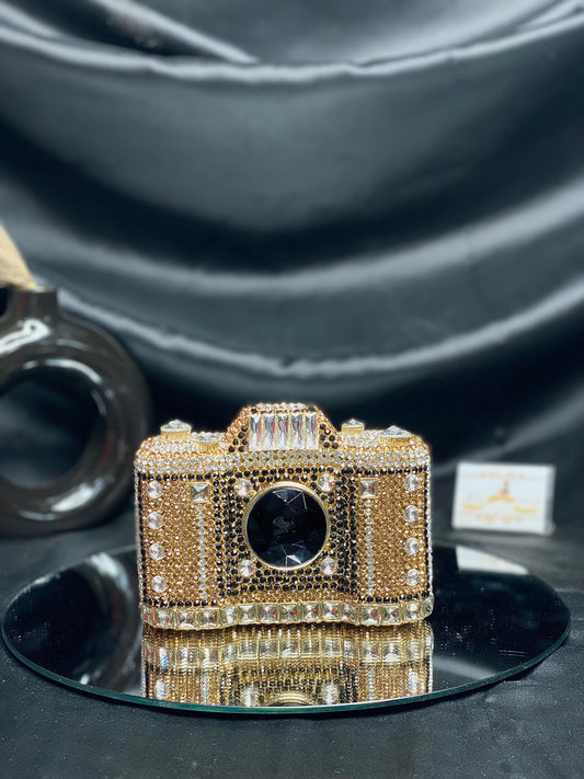 Gold Camera Crystal Clutch