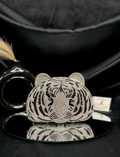 Silver Tiger Face Crystal Clutch